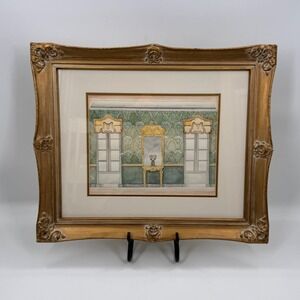 Original European Adam Style Interior Rendering Watercolor Framed and Signed